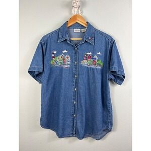 Vtg Cabin Creek Denim‎ Button Up Shirt Sz PL Embroidered Coastal Village